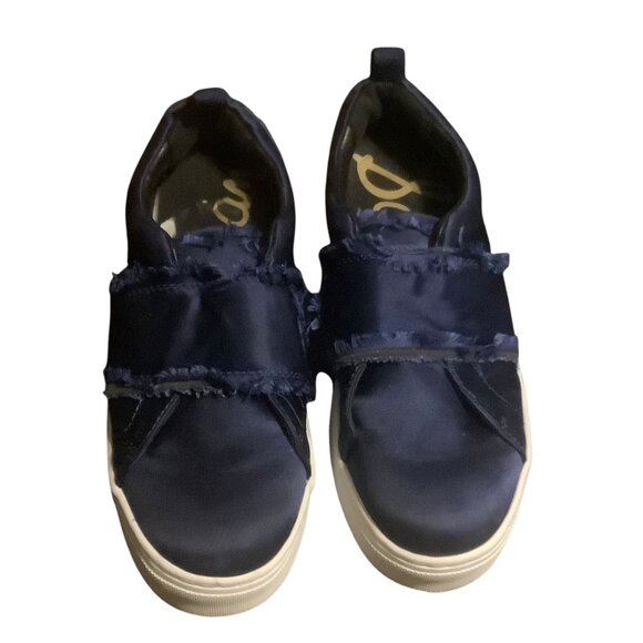 Sam Edelman Navy Satin Slip-On Sneakers LEVINE Frayed Detailing Women Size 6 - Picture 2 of 5